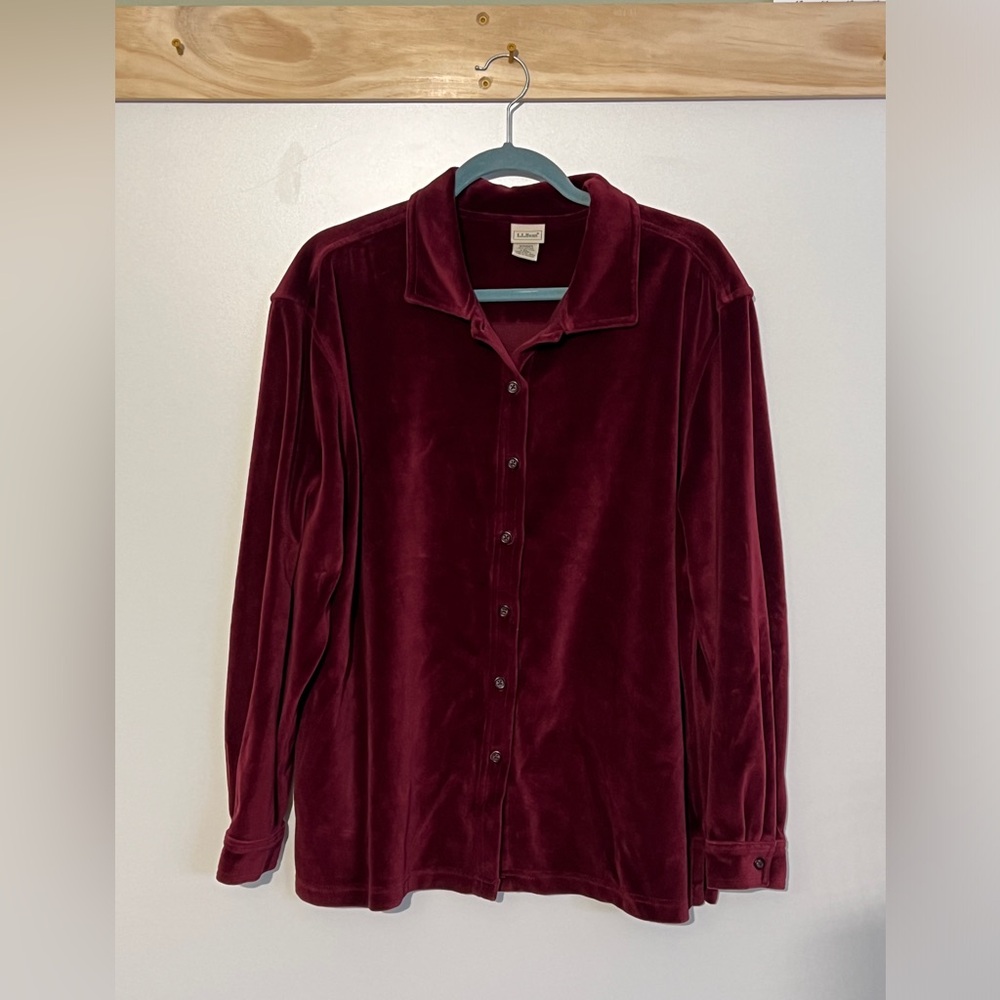 L.L.Bean Velour Velvet Button Down Top Burgundy Women Size XL Winter Holiday